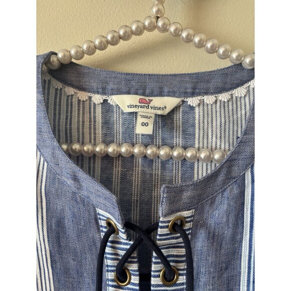 Vineyard Vines Womens Size 00 Blue Stripe Linen Shift Dress Short Sleeve Tassels - Picture 6 of 7